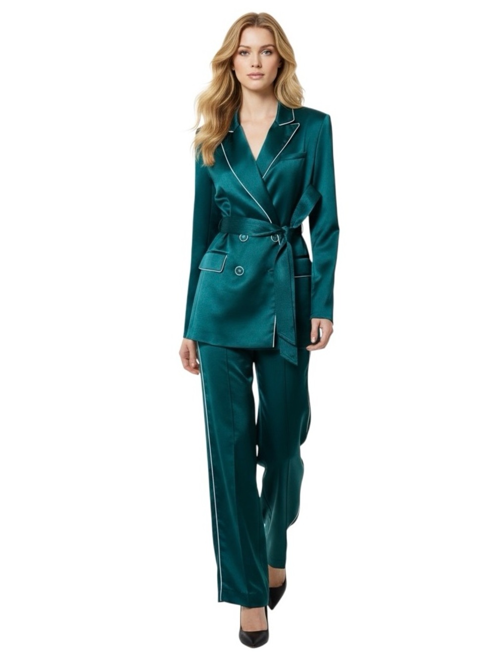 Veronica Beard Eiza Belted Blazer & Edia Wide-Leg Pajama Pants Set Green Size 8